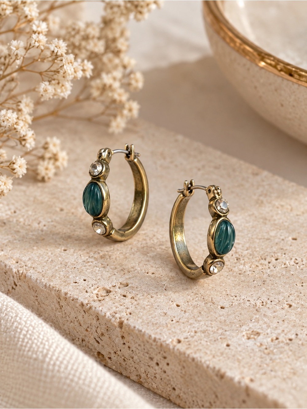 Vintage Gold Hoop Earrings with Teal wavy carved gem